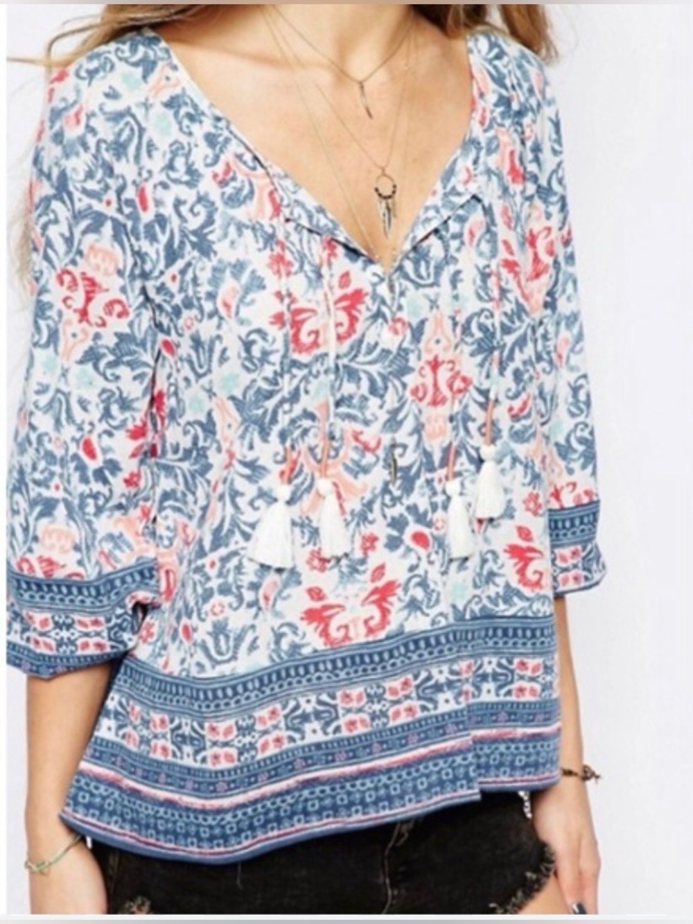 Hollister Blue & Coral Floral Border Peasant Tunic